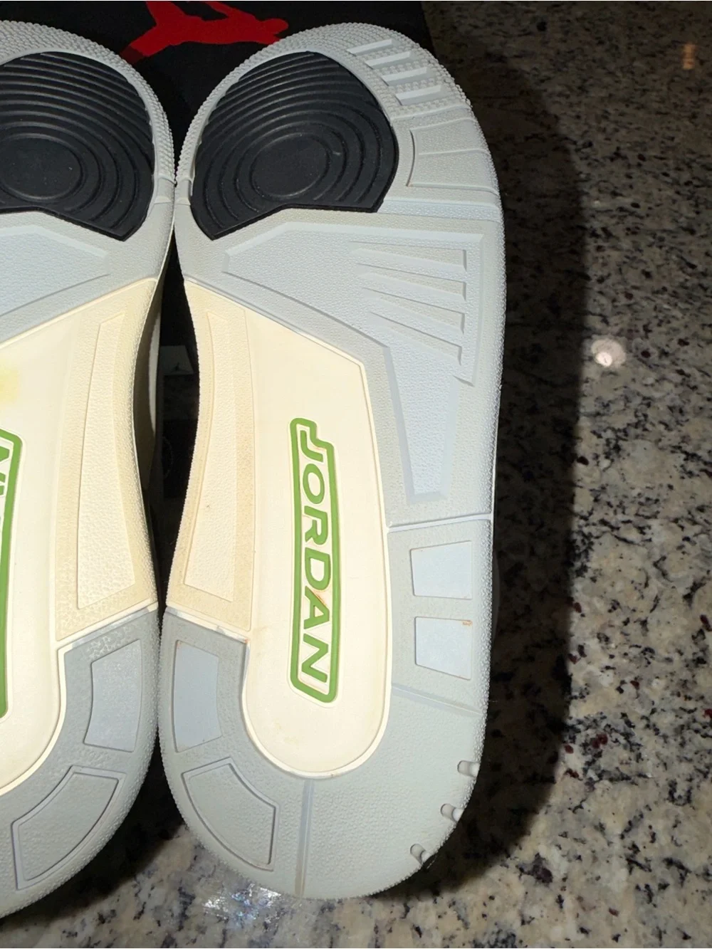 Jordan Retro 3 Sneakers in Light Gray, Black & Green Accents